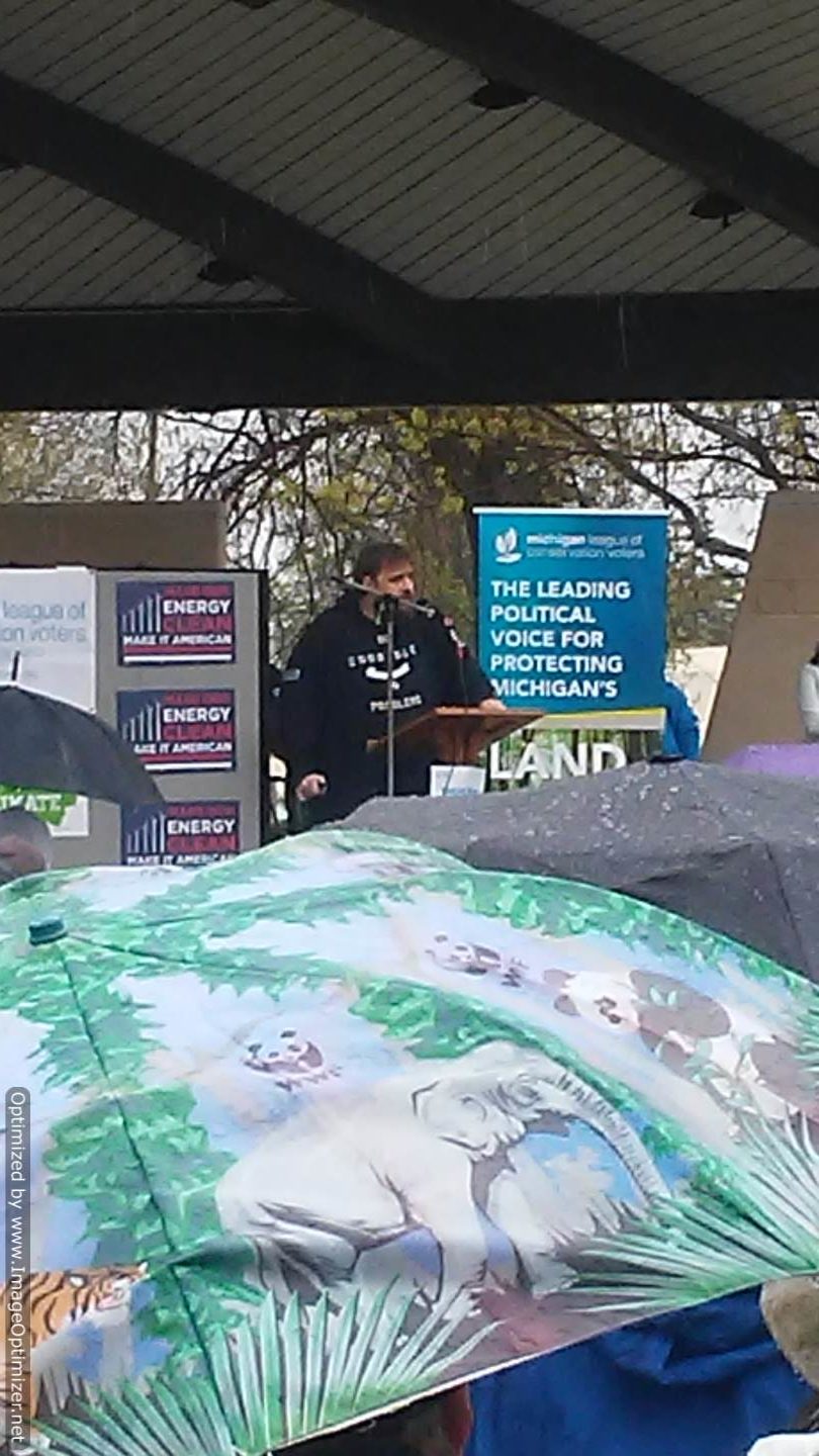 Christopher Wahmhoff speaking at 2017 People's Climate March, Kalamazoo, MI